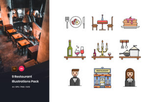 9 Restaurant Illustrations Pack: Graphics for Local Branding