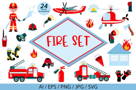Firefighter Set of Vector Illustrations for Digital Products