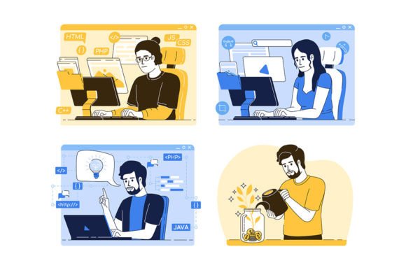 Online Job Flat Concept Illustrations: Graphics Review